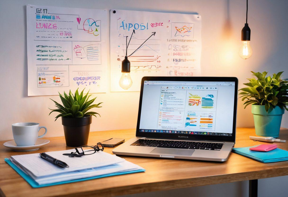 A creative workspace showcasing a laptop with an open blog post, surrounded by inspirational notes, a coffee cup, and a colorful plant. In the background, a glowing light bulb symbolizes ideas, while arrows point towards a digital success chart, illustrating growth and impact. The scene is vibrant and inviting, radiating energy and innovation. vibrant colors. 3D.