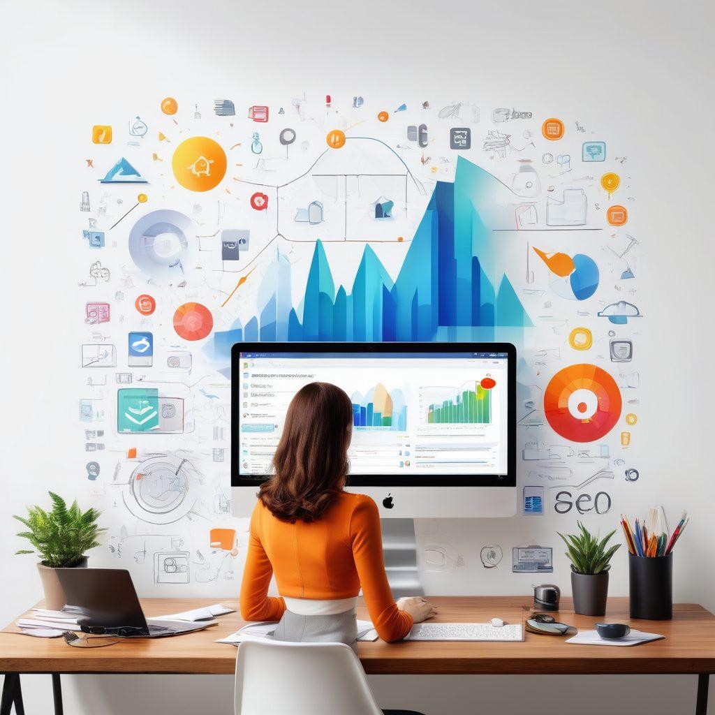 A dynamic scene of a person sitting at a modern desk with a laptop open, surrounded by floating digital icons representing blogging trends like SEO, social media, and analytics. The background features a lightbulb moment with colorful charts and graphs on the wall, symbolizing digital success and creativity. The atmosphere is bright and inspiring, with a hint of technology. super-realistic. vibrant colors. white background.